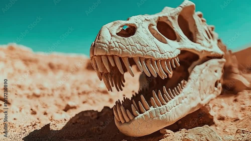 Closeup on ancient dinosaur skull fossil uncovered in desert landscape. Fossilized dinosaur skull lying in sandy desert environment. Closeup on ancient dinosaur skull fossil uncovered in desert landscape. Fossilized dinosaur skull lying in sandy desert environment.
