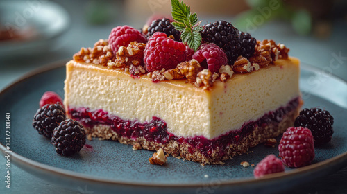 A close-up of a creamy cheesecake slice topped with fresh raspberries, blackberries, and crunchy nuts on a blue plate