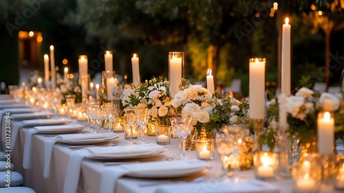 Wedding banquet table set with candles white linens and floral arrangements at an outdoor reception