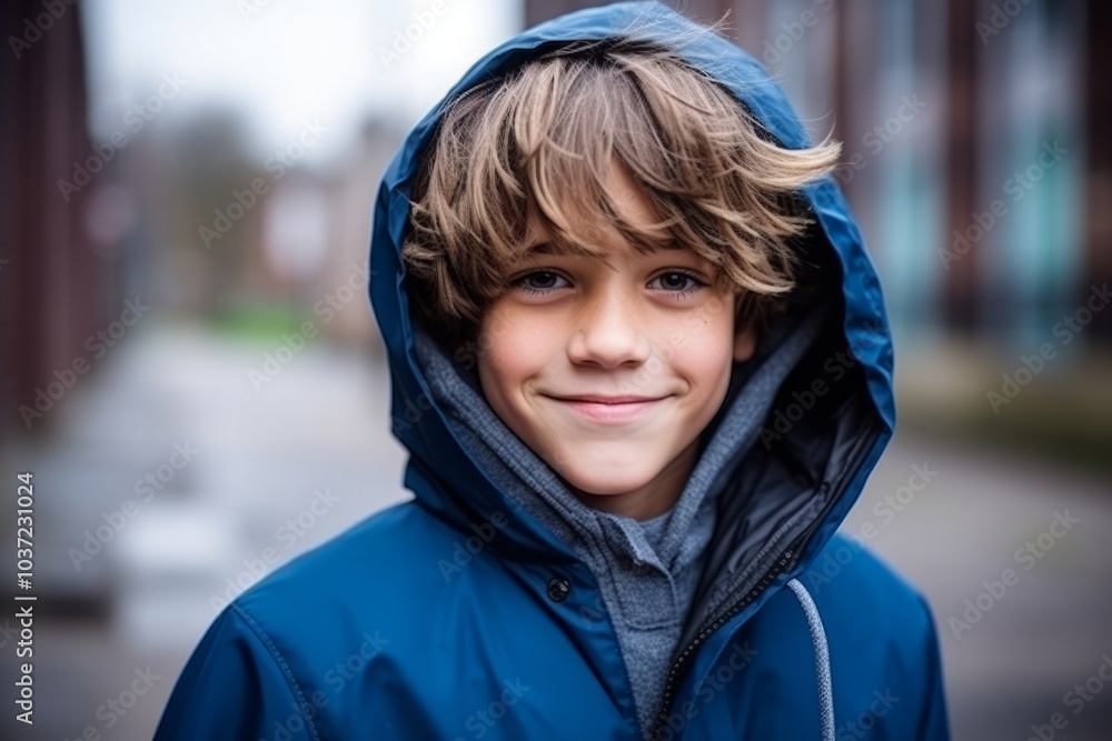 Portrait of a smiling boy in a blue jacket on the street Portrait of a smiling boy in a blue jacket on the street