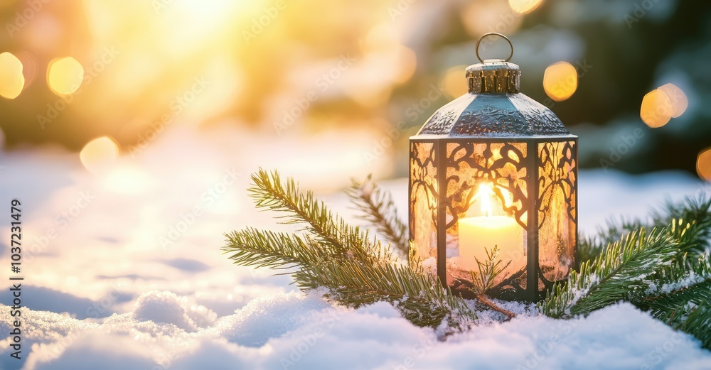 Christmas Lantern on Snow with Fir Branch in Sunlight. AI generated illustration. Christmas Lantern on Snow with Fir Branch in Sunlight. AI generated illustration.