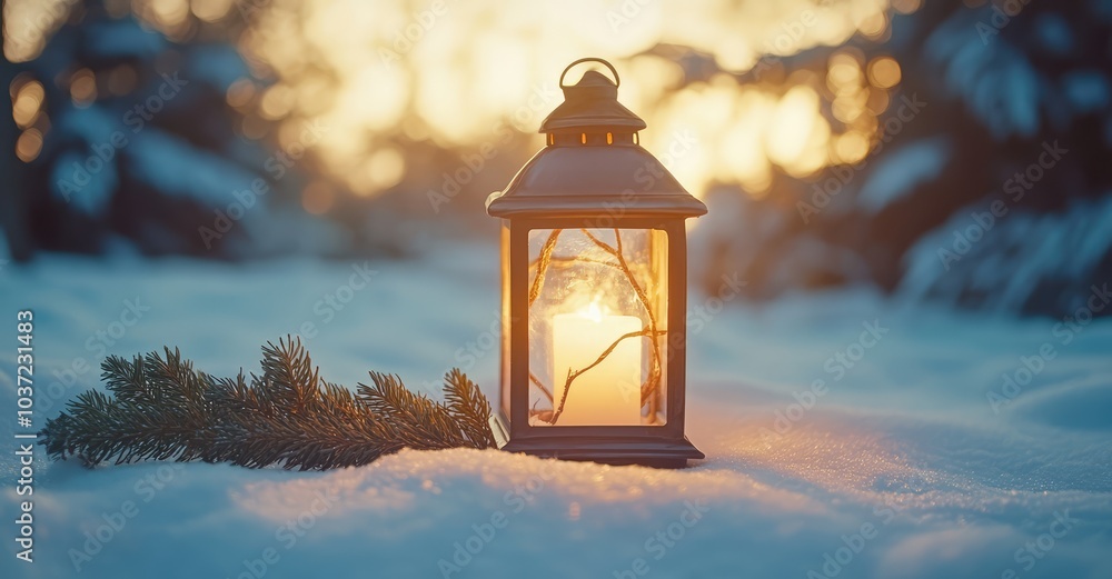 Christmas Lantern on Snow with Fir Branch in Sunlight. AI generated illustration. Christmas Lantern on Snow with Fir Branch in Sunlight. AI generated illustration.