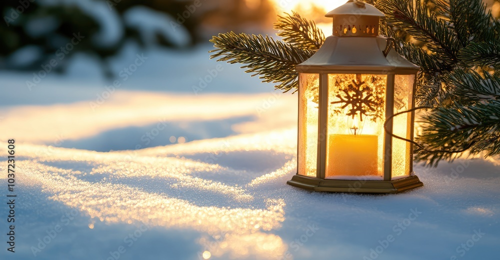Christmas Lantern on Snow with Fir Branch in Sunlight. AI generated illustration. Christmas Lantern on Snow with Fir Branch in Sunlight. AI generated illustration.