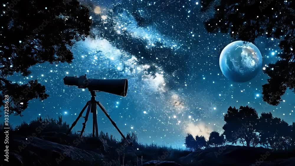 A large telescope under a starry sky, overlooking an ethereal view of Earth and galaxies. A large telescope under a starry sky, overlooking an ethereal view of Earth and galaxies.