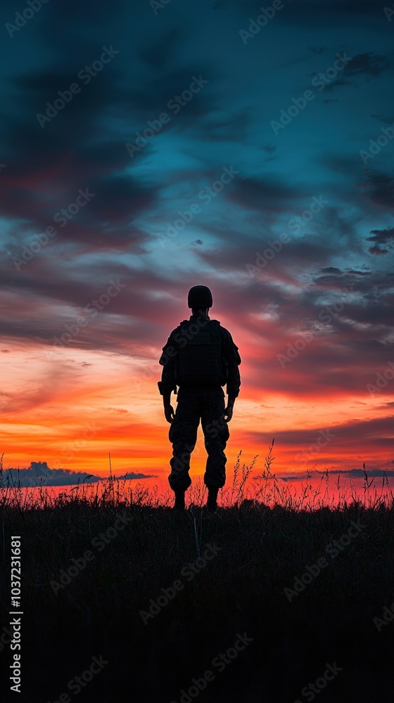 Fototapeta premium A silhouette of a soldier stands against a vibrant sunset, showcasing a blend of colors and evoking themes of bravery and solitude.