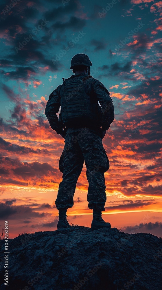 A silhouette of a soldier stands against a dramatic sunset, symbolizing courage, strength, and the sacrifices made by military personnel. A silhouette of a soldier stands against a dramatic sunset, symbolizing courage, strength, and the sacrifices made by military personnel.