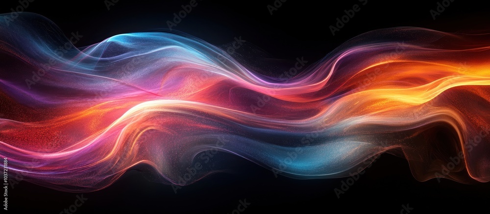 Abstract colorful waves of light flowing against a dark background. Abstract colorful waves of light flowing against a dark background.