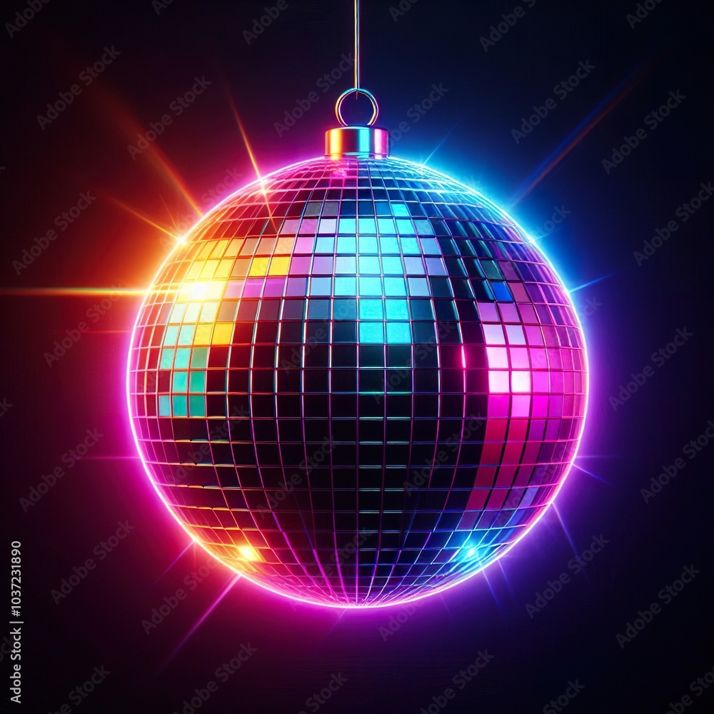 Obraz premium a vibrant shiny disco ball on a black background. 3D rendering. Neon lights