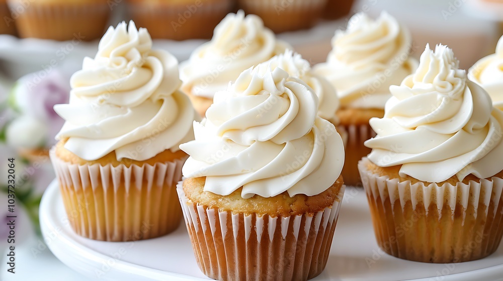 A collection of cupcakes covered with pristine white icing A collection of cupcakes covered with pristine white icing