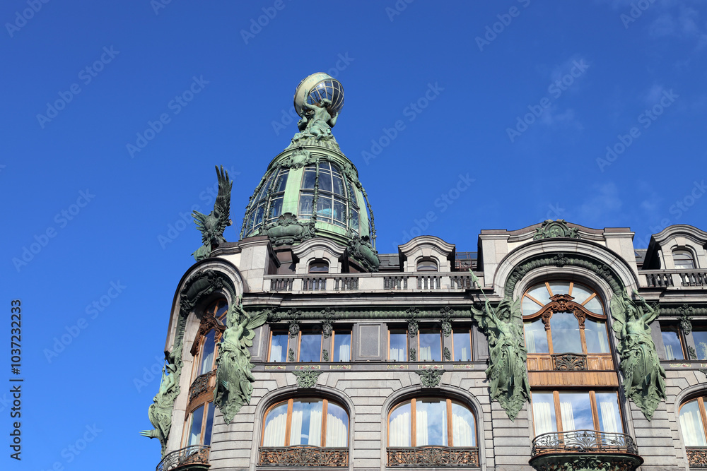 Saint Petersburg, Russia, August 18, 2024 : Fragment of the Singer House - a historical building on Nevsky Prospect Saint Petersburg, Russia, August 18, 2024 : Fragment of the Singer House - a historical building on Nevsky Prospect