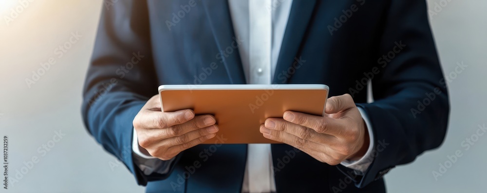 Professional man holding a tablet, focused on work, white isolate background Professional man holding a tablet, focused on work, white isolate background