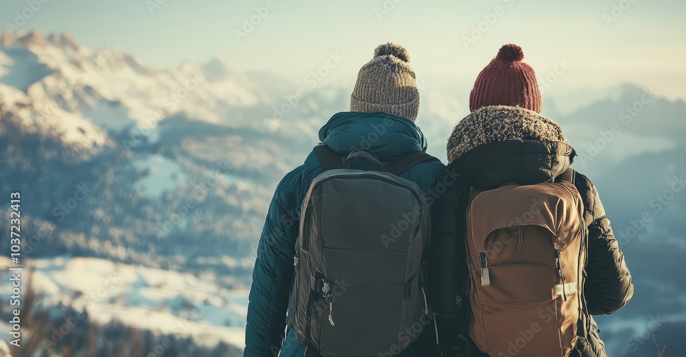 Couple with Backpacks Enjoying Mountain View in Winter. AI generated illustration.