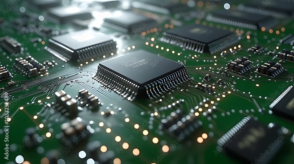 Obraz premium Close-up of a circuit board with multiple microchips.