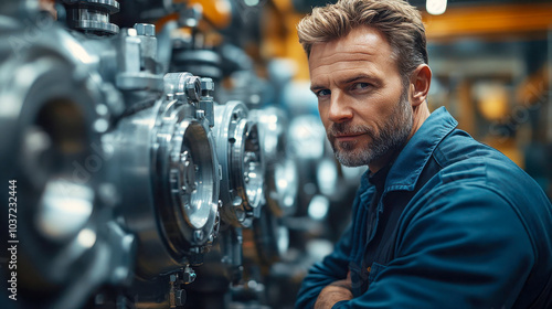 Senior engineer working on a large industrial machine, wearing safety gear