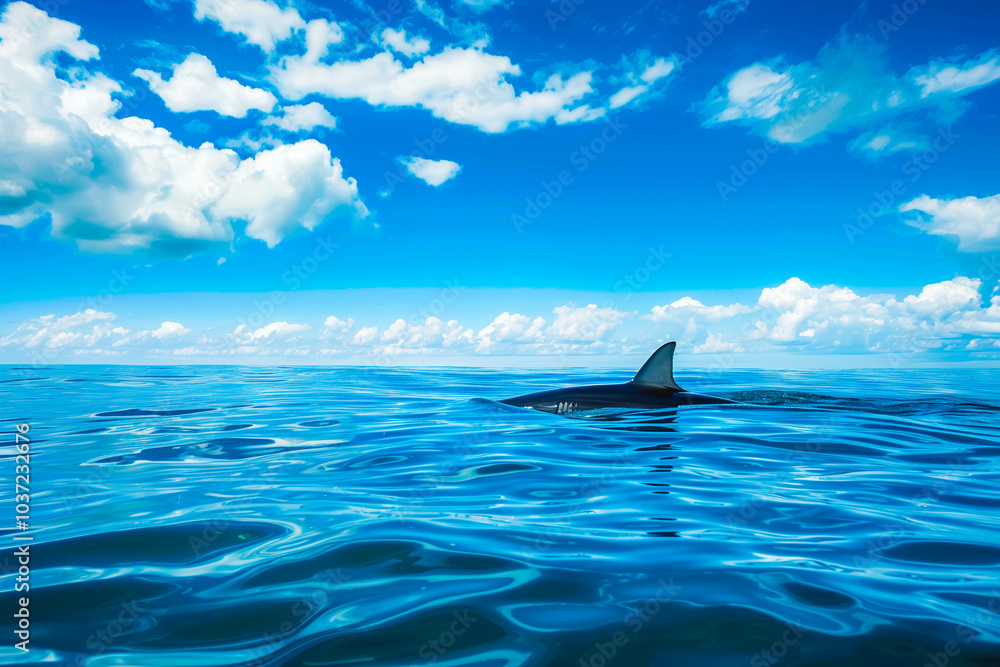 Fototapeta premium shark fin on surface of ocean below blue cloudy sky