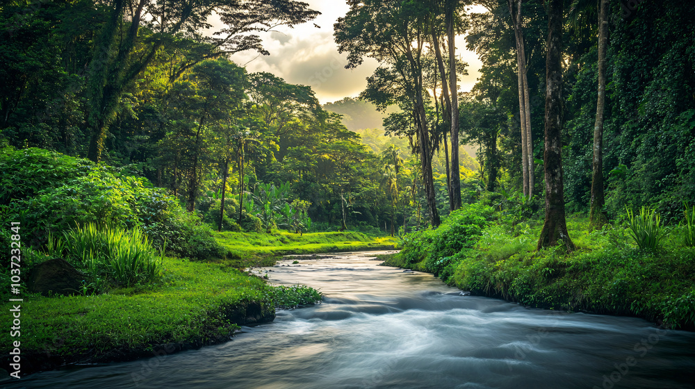 Obraz premium A river meandering through a lush forest, surrounded by tall trees and vibrant greenery.