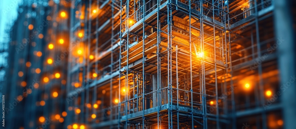 A construction site with scaffolding illuminated by warm lights, creating an industrial atmosphere. A construction site with scaffolding illuminated by warm lights, creating an industrial atmosphere.
