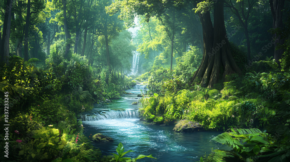 A river meandering through a lush forest, surrounded by tall trees and vibrant greenery. A river meandering through a lush forest, surrounded by tall trees and vibrant greenery.