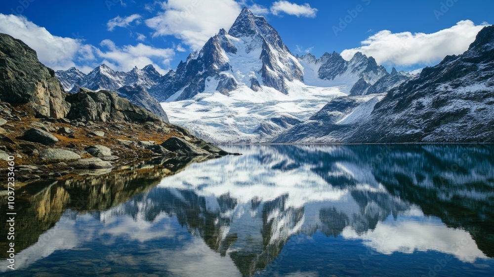 Fototapeta premium A majestic mountain summit covered in snow, with clear alpine lakes reflecting the surrounding peaks, Mountain scene