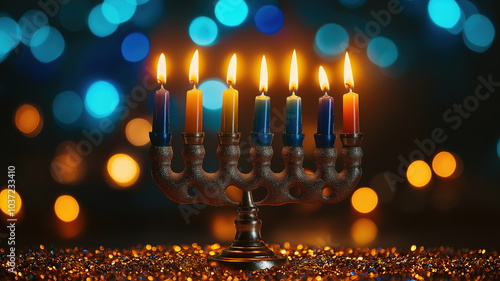 Jewish holiday Hanukkah scene with menorah and oil candles against a glittering backdrop