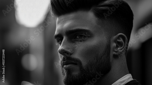 The perfect men's fade haircut, side-part hairstyle with a thick quaff and beard stubble.