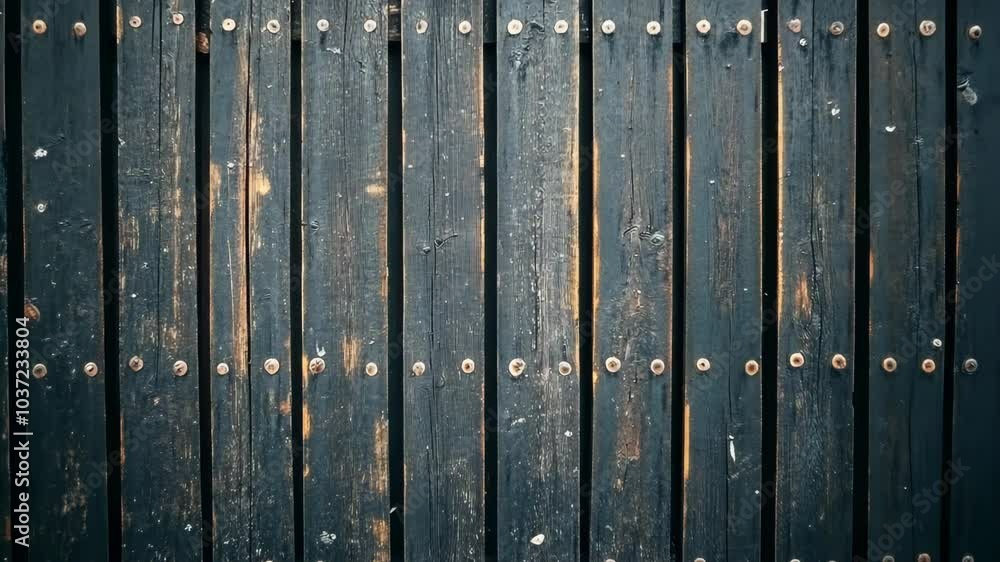 A close-up of a weathered, black wooden fence with visible nails A close-up of a weathered, black wooden fence with visible nails