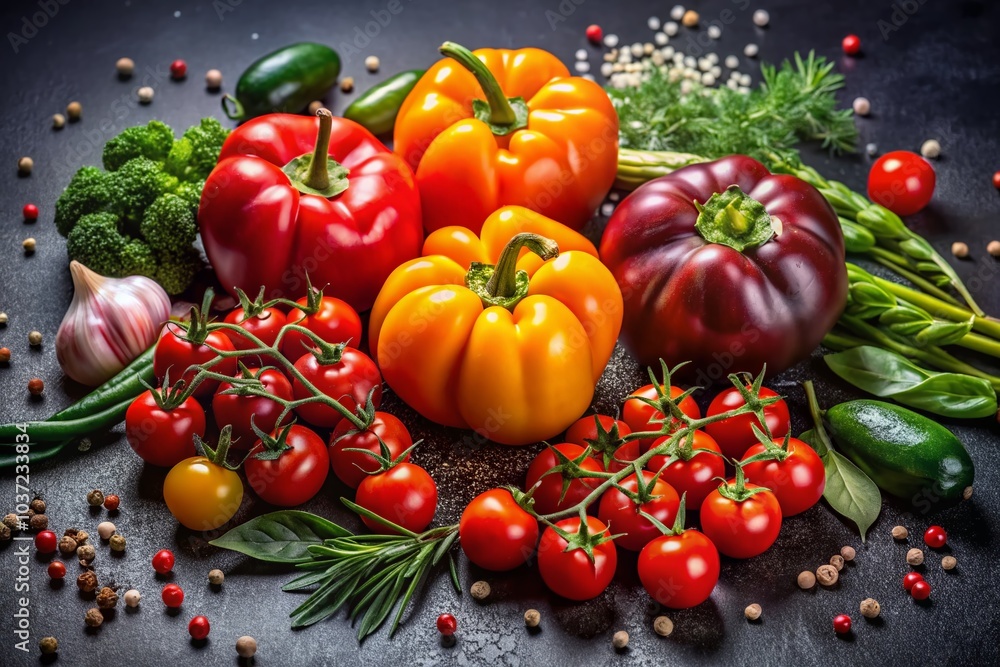 Fresh Tomatoes, Peppers, and Herbs on a Black Background - Vibrant Product Photography for Culinary Inspiration Fresh Tomatoes, Peppers, and Herbs on a Black Background - Vibrant Product Photography for Culinary Inspiration