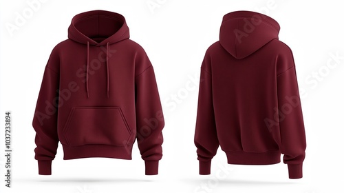 Maroon hoodie mockup showing both front and back views 3D rendering of an empty crewneck hooded sweatshirt isolated for a loose overall fabric jumper. Generated by AI.
