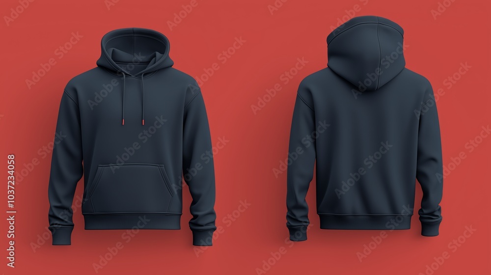 Navy hoodie mockup showing both front and back views 3D rendering of an empty crewneck hooded sweatshirt isolated for a loose overall fabric jumper. Generated by AI. Navy hoodie mockup showing both front and back views 3D rendering of an empty crewneck hooded sweatshirt isolated for a loose overall fabric jumper. Generated by AI.