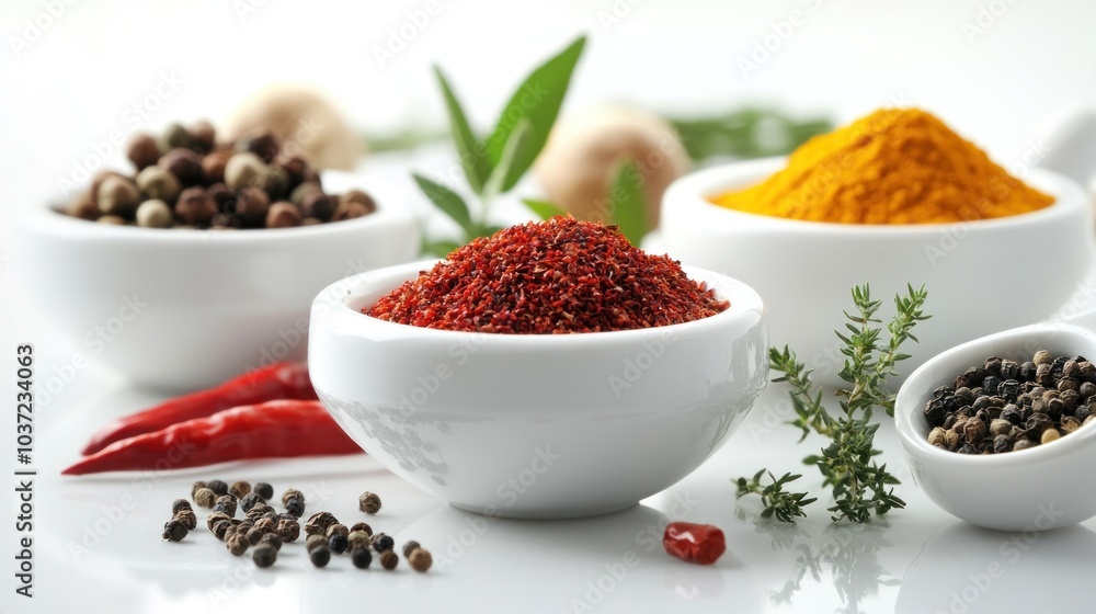 A collection of spices in white bowls, showcasing vibrant colors and textures for culinary use. A collection of spices in white bowls, showcasing vibrant colors and textures for culinary use.
