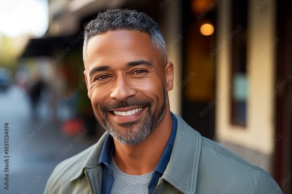 portrait of smiling african american man on street in city portrait of smiling african american man on street in city