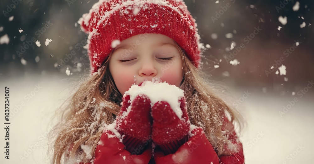 Cute Little Girl Blowing Snow from Hands. AI generated illustration. Cute Little Girl Blowing Snow from Hands. AI generated illustration.