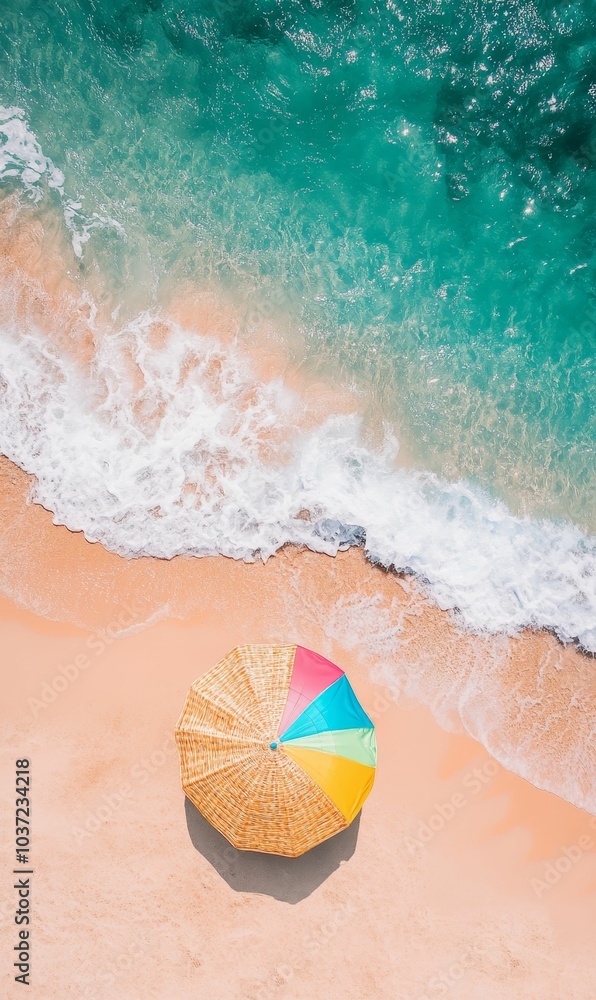 Naklejka premium Beach umbrella on sand with turquoise water.