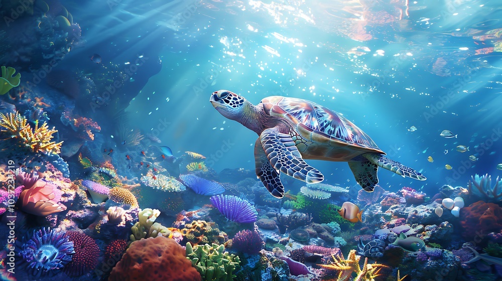 Fototapeta premium A colorful coral reef with leaping sea turtles and sunshine peeking through