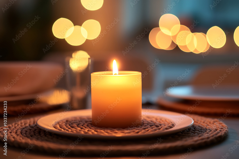A glowing candle illuminates a cozy dining setting with soft bokeh lights in the background during an intimate evening gathering A glowing candle illuminates a cozy dining setting with soft bokeh lights in the background during an intimate evening gathering