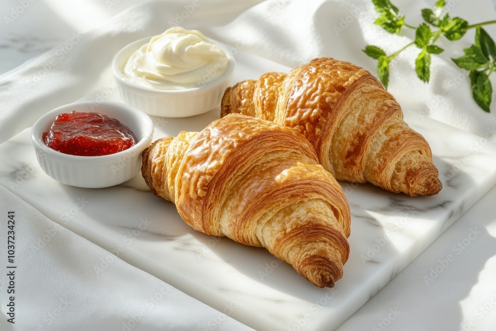 Two freshly baked croissants are presented on a marble tray, accompanied by bowls of jam and cream Two freshly baked croissants are presented on a marble tray, accompanied by bowls of jam and cream