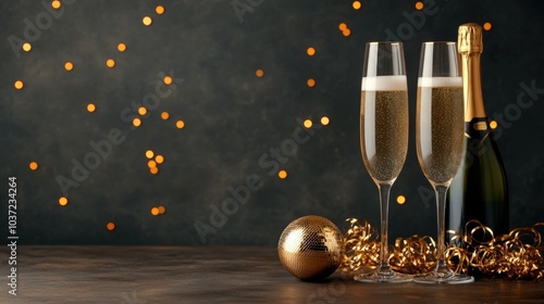 Two champagne flutes beside a sparkling bottle, festive atmosphere with golden decorations. photo