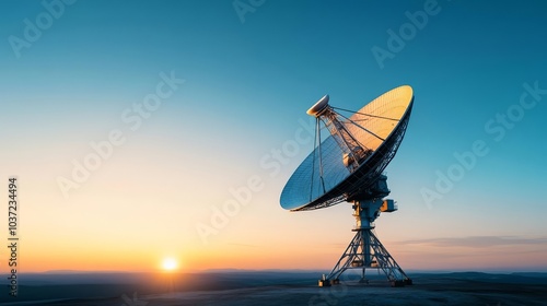 Sunset over a landscape with a giant satellite dish, symbolizing the future of communication technology and connectivity, advanced communication, telecom infrastructure photo