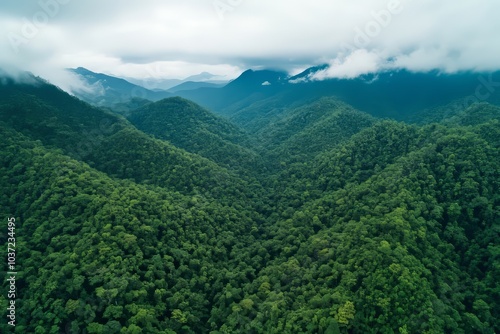 Aerial view of lush green mountains under a cloudy sky.