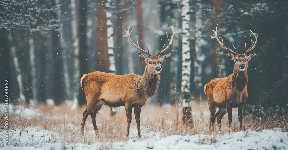 Deers in Forest During Winter Season. AI generated illustration. Deers in Forest During Winter Season. AI generated illustration.