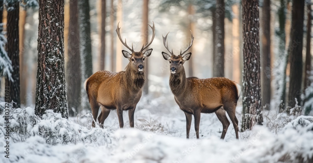 Fototapeta premium Deers in Forest During Winter Season. AI generated illustration.