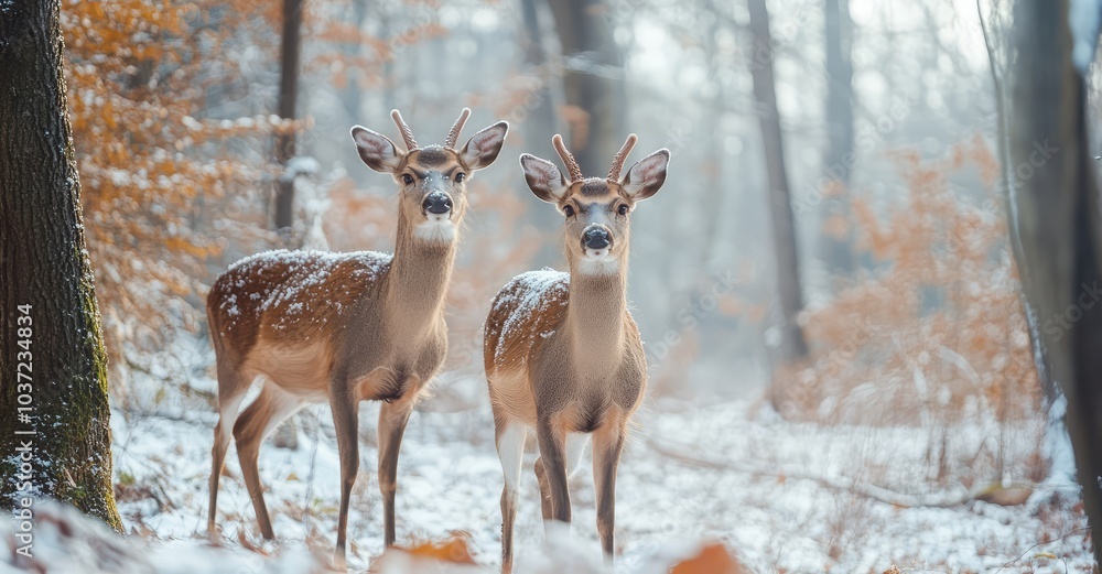 Deers in Forest During Winter Season. AI generated illustration. Deers in Forest During Winter Season. AI generated illustration.