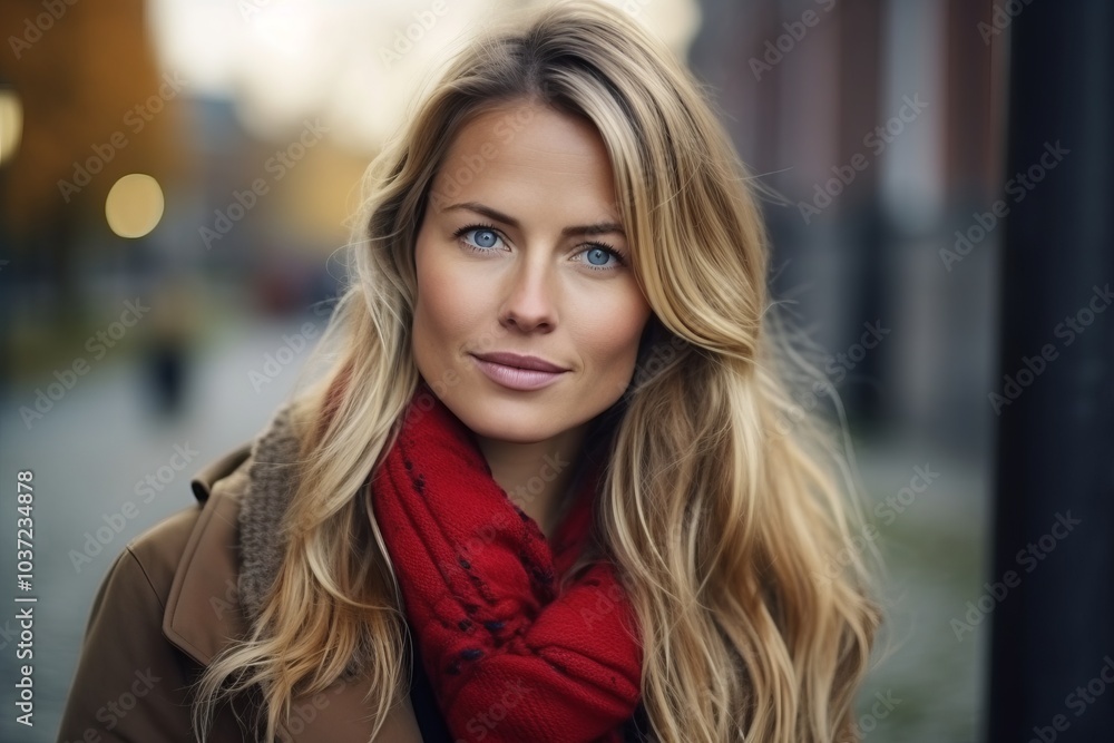 Portrait of a beautiful young woman in winter coat and red scarf Portrait of a beautiful young woman in winter coat and red scarf
