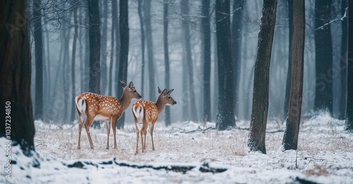 Deers in Forest During Winter Season. AI generated illustration.