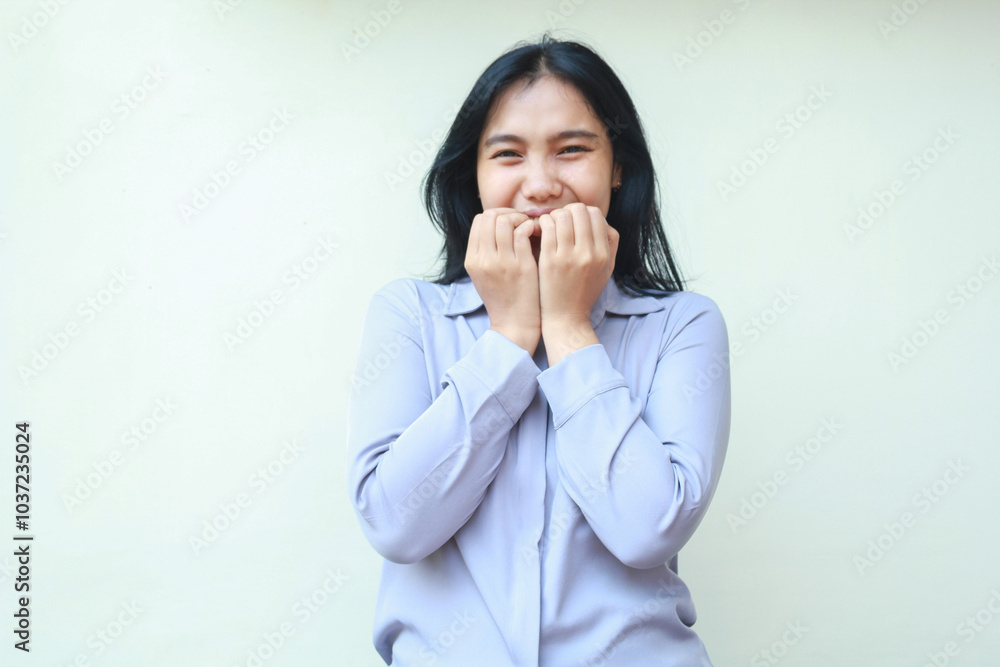 portrait of shy asian young business woman feeling embarrassed covering her face with hand look at camera, wear formal shir isolated on white background portrait of shy asian young business woman feeling embarrassed covering her face with hand look at camera, wear formal shir isolated on white background