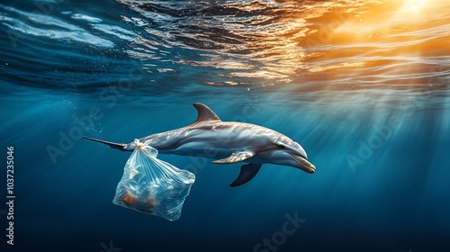 A dolphin swims in the ocean with a plastic bag caught on its fin, a stark reminder of the dangers of plastic pollution. photo