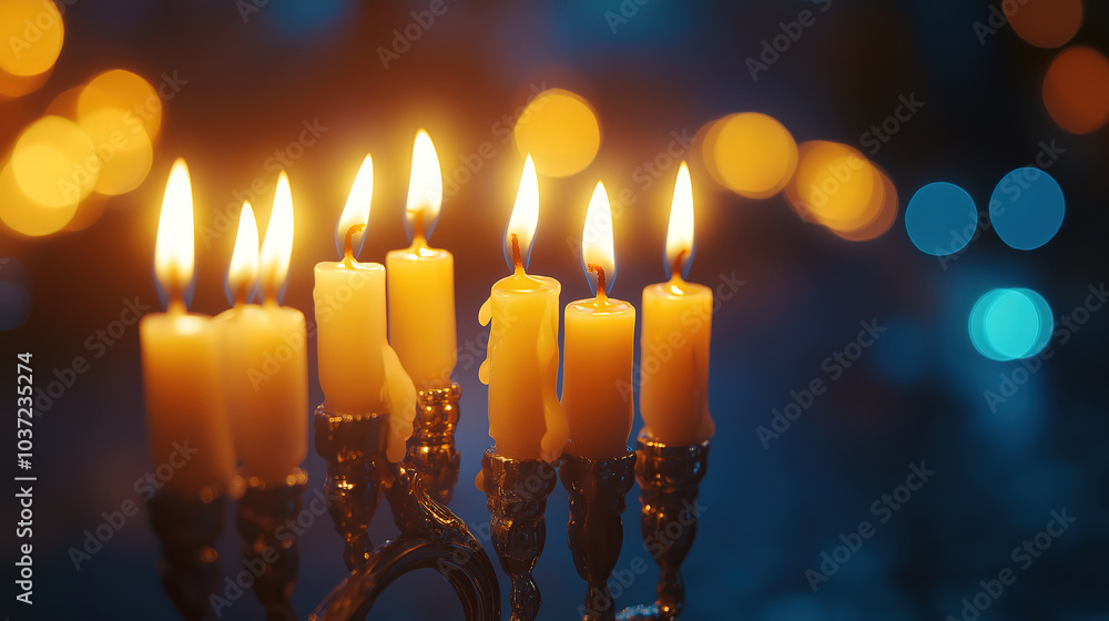 Burning candles in a menorah closeup showcasing the beauty and tradition of Chanukah lights Burning candles in a menorah closeup showcasing the beauty and tradition of Chanukah lights