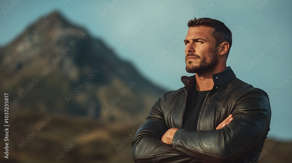 Confident Man in Leather Jacket with Mountain Background Confident Man in Leather Jacket with Mountain Background