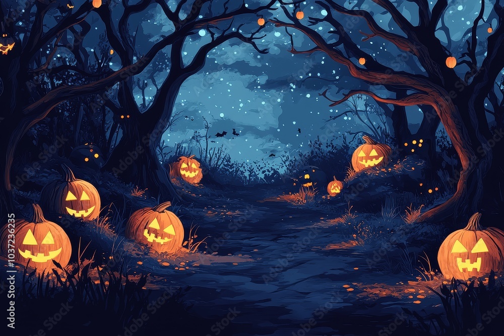 Scary Halloween background with pumpkins, spooky trees, and a forest path for party invitation design. Scary Halloween background with pumpkins, spooky trees, and a forest path for party invitation design.