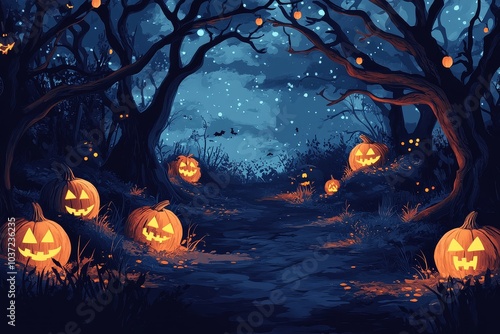 Scary Halloween background with pumpkins, spooky trees, and a forest path for party invitation design.